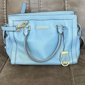 Michael Kors Light Blue Pebbled Leather Satchel with Gold Hardware